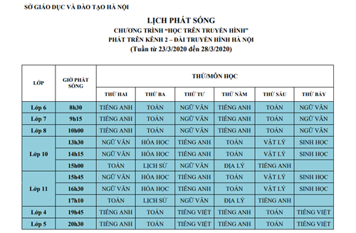 Lịch phát sóng dạy học trên truyền hình